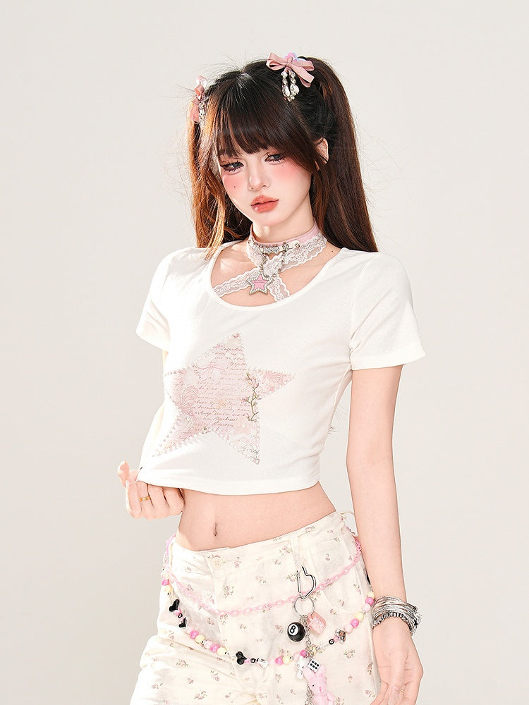 Glamorous Neck Star Print White Halter Lace Cropped T-Shirt
