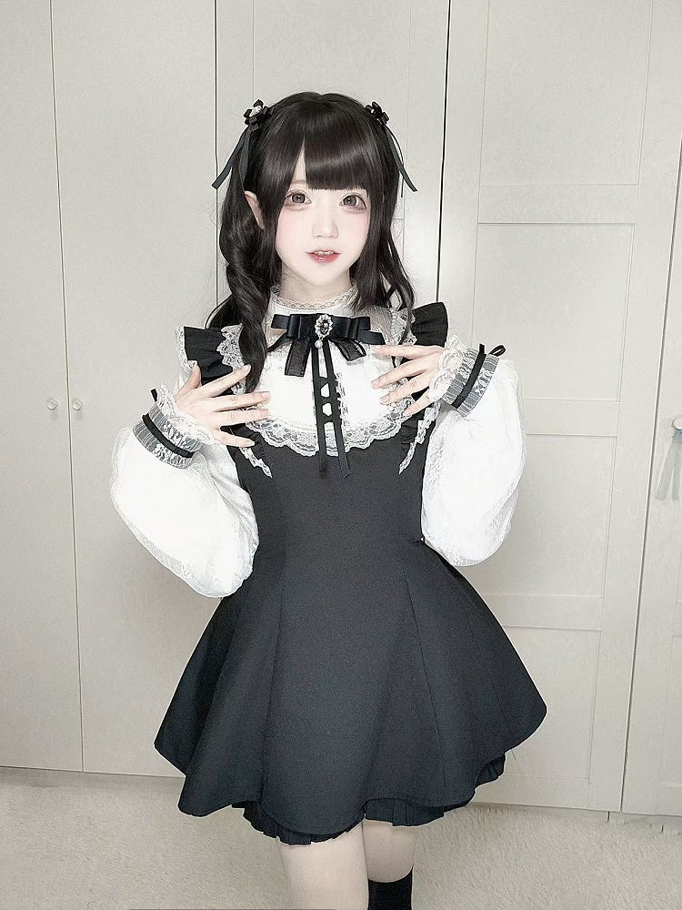 Sleeves Jirai Kei Black Illusion Neckline Flutter Plaid Set Lace Trim Mini Dress+Shorts White/Gray