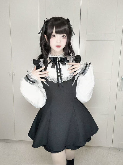 Sleeves Jirai Kei Black Illusion Neckline Flutter Plaid Set Lace Trim Mini Dress+Shorts White/Gray