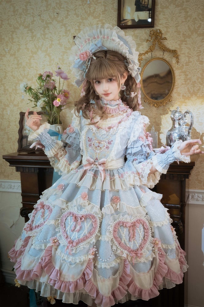 Light Gray Hanayome Rosette Embroidery Floral and Bead Chain Details Lolita OP Full Set