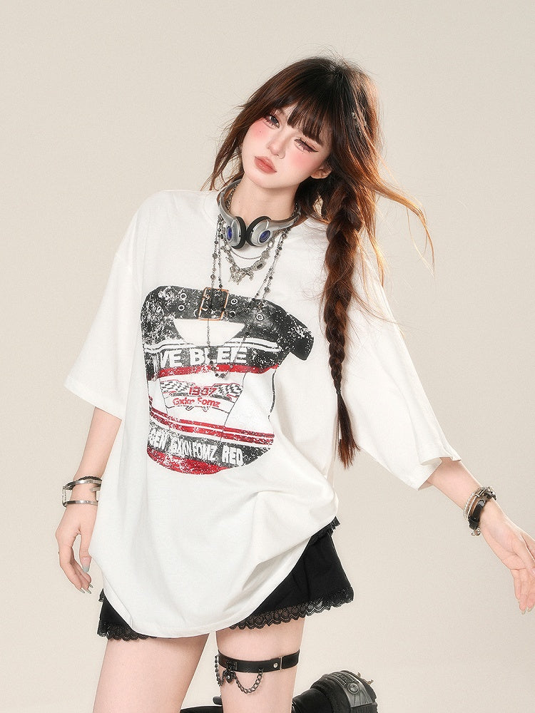White Crew Neck Sports Loose Graphic T-shirt
