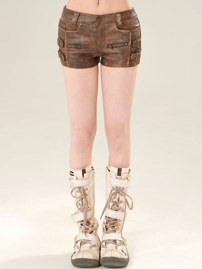 Decorated Brown Super Buckles Rise Low Mini Shorts