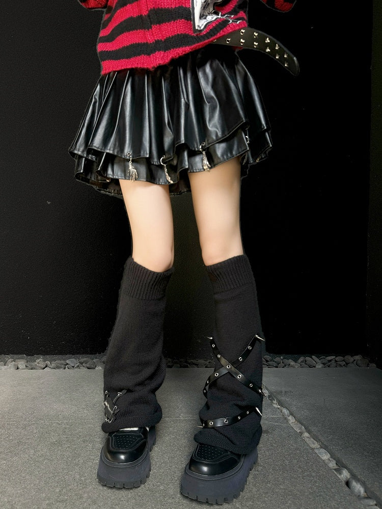 Punk Black Zippers and Criss-cross Straps Adorned Studs Knit Leg Warmers