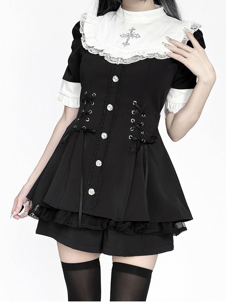 with Style Short Jirai - Sleeve and Bib Kei White Dress Tie Set Black Nun Bow