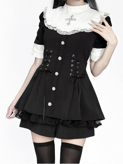 with Style Short Jirai - Sleeve and Bib Kei White Dress Tie Set Black Nun Bow