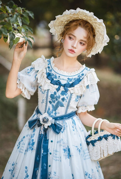 Poetry‌ Print Blue and Sizes Classic Sash Dress Plus with Available Self-tie Elegant Mulberry Lolita