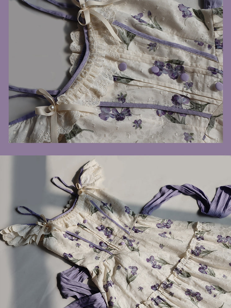 Neckline Jumper Skirt Beige Off-the-shoulder Purple Iris Embroidery