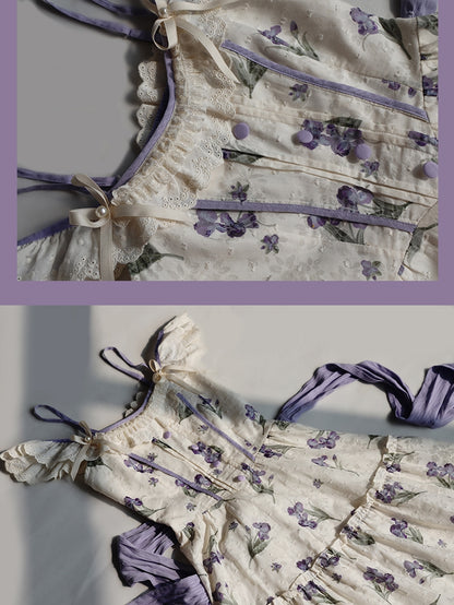 Neckline Jumper Skirt Beige Off-the-shoulder Purple Iris Embroidery