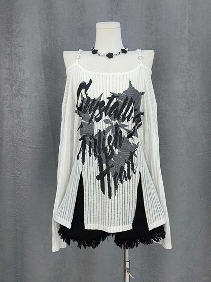 Y2K Slit Black/White Off-the-shoulder Graphic Hem Neckline Coverup