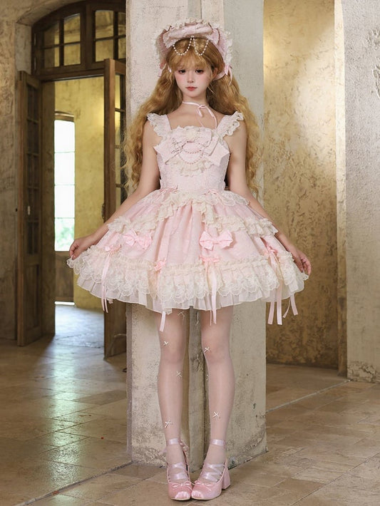 Fabric Pink Lolita Sweet Dress Bow Jacquard Accents Jumper Skirt