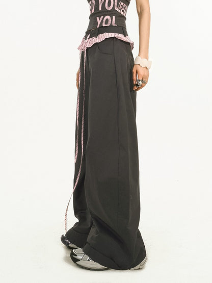 Two-piece Trim Wide-Leg Pants with Pink-Black Striped Black Faux Ruffle