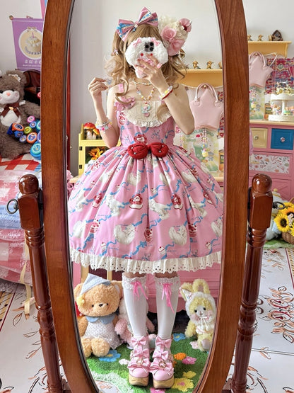 Kitty Cake Fashion Dress Sweet and Showa Pink Lolita Print Cherry