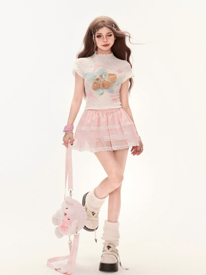 Print Knit T-Shirt White Mock Neck Sweet Bowknot