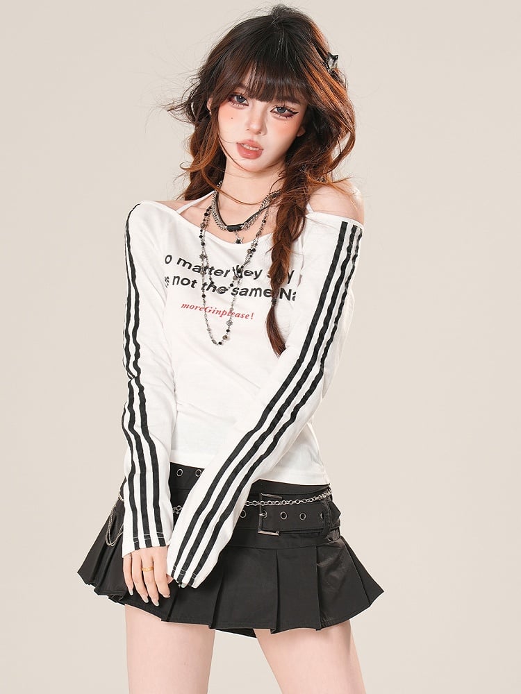 Neckline Off-the-shoulder Sleeves Letter Print Top Bittersweet Black/White Long Glamorous