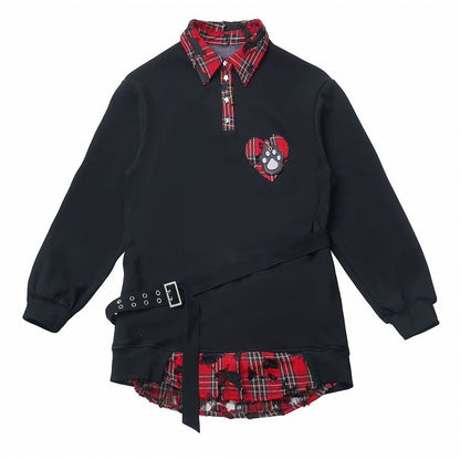 Red Plaid Heart Applique Black Distressed Shirt Dress