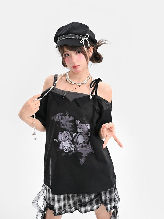 T-shirt noir à épaules dénudées et imprimé ours en peluche