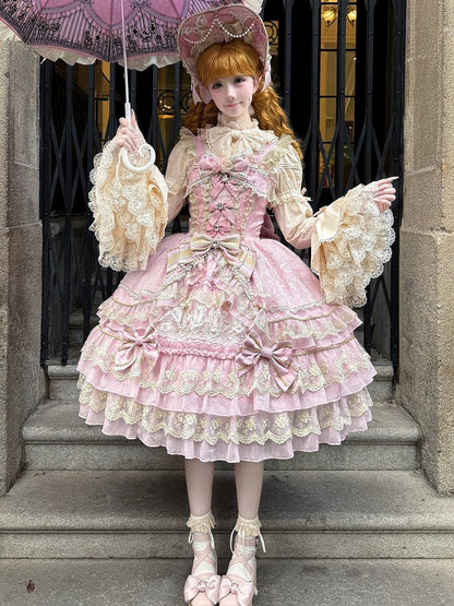 Bow Chain Bead Neckline Pink Lolita Dress Princess Flower Gorgeous