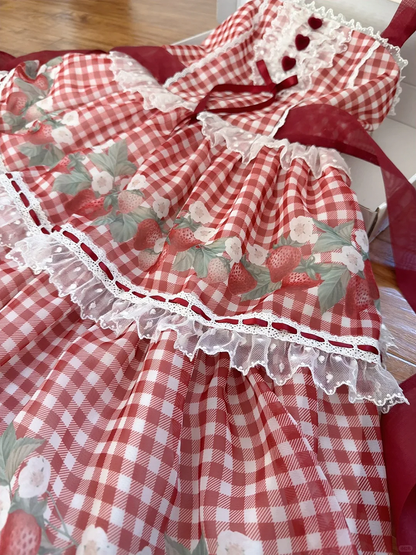 Robe vichy pique-nique Lolita rouge à imprimé fraises et jupe pull Sweet Lolita