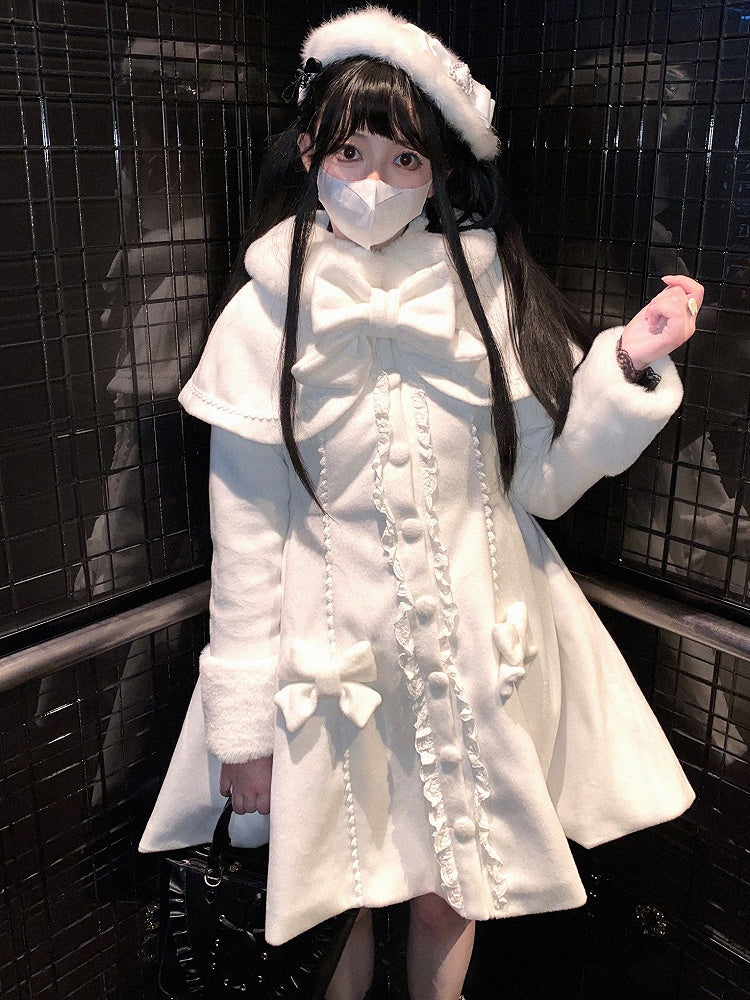 Jirai Kei White/Black Detachable Cape Bowknot Details Landmine Style Coat