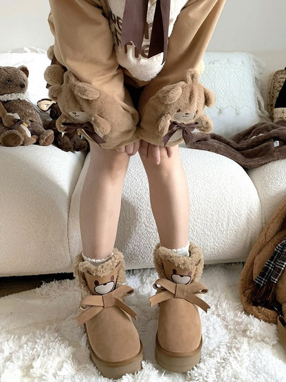 Brown Bear Bow Accent Fleece Lined Sweet Platform Winter Ankle Boots