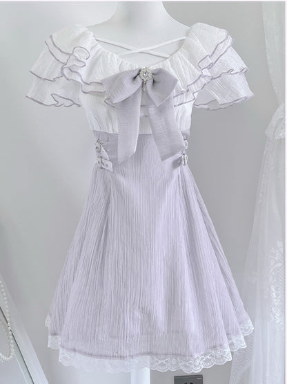 Dress with Flounce Waist Jirai Buckles Bowtie Hem Heart Version Neckline Tiered Lavender Short Kei