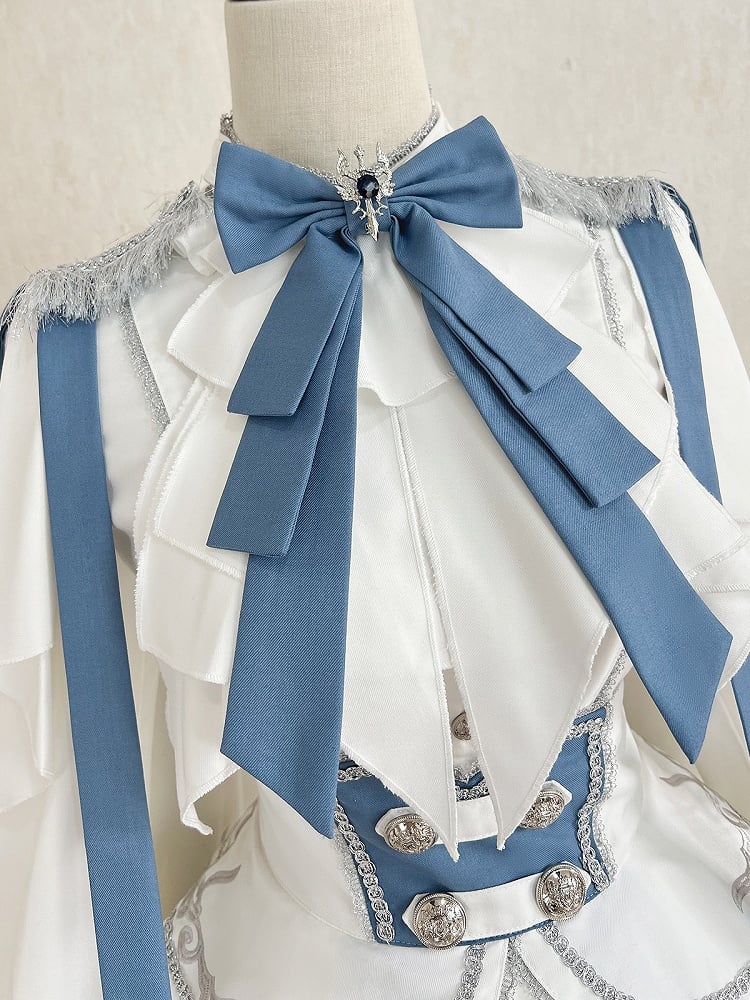 White and Blue Military Lolita Outfit Long Sleeves Top High Waist Skirt