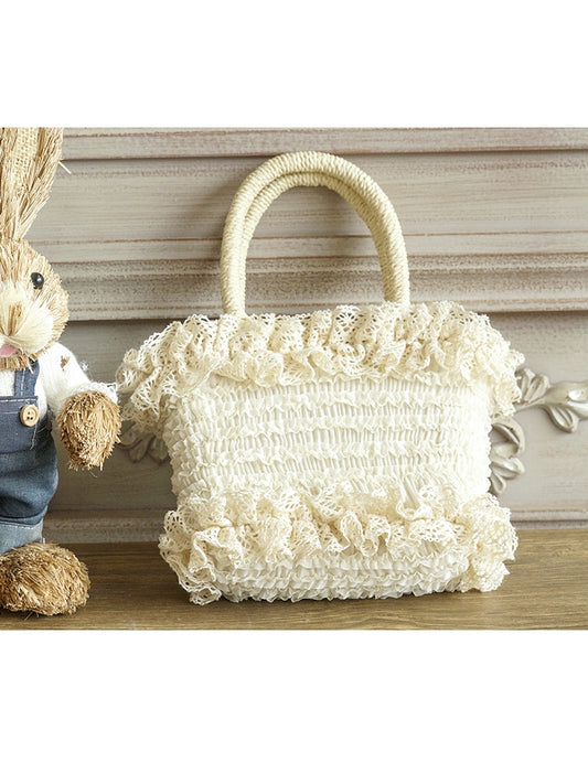Beige/Pinke Handtasche Ländlich mit Spitzenbesatz und Rüschen