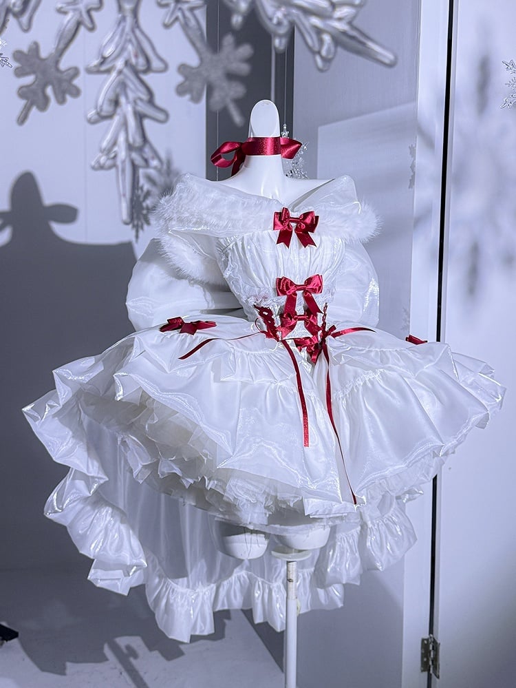 Snowy White Christmas Dress Red Bows Adorned Basque Waist Dress with Big Bow Cascading Train