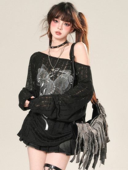 Top Black Glamorous Bittersweet Protection Sleeves Long Butterfly Print Sun