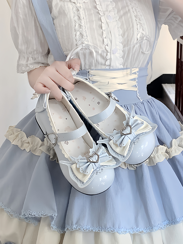 Sweet Lolita Light Blue Bowknot Heart Buckle Strap Block Heel Mary Janes