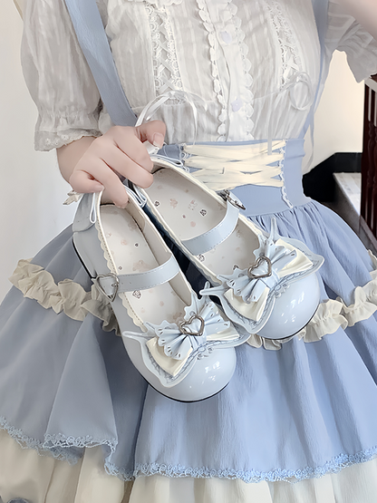 Sweet Lolita Light Blue Bowknot Heart Buckle Strap Block Heel Mary Janes