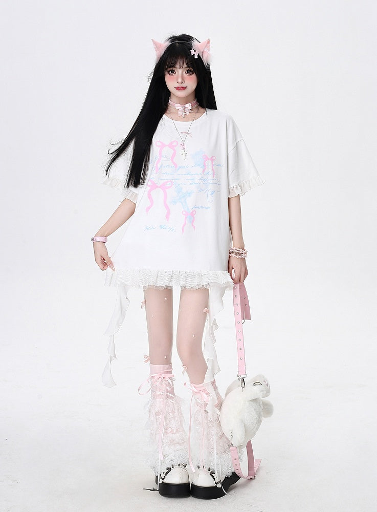 T-Shirt White/Black Cascading Ruffle Accents Bowknots Print Loose