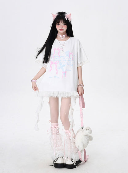 T-Shirt White/Black Cascading Ruffle Accents Bowknots Print Loose