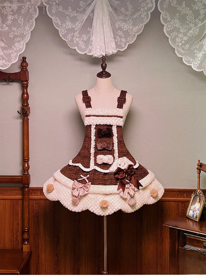 Dress and with Scalloped Brown White Sweet Trim Lolita Overalls Pom-poms Bowknots Edge