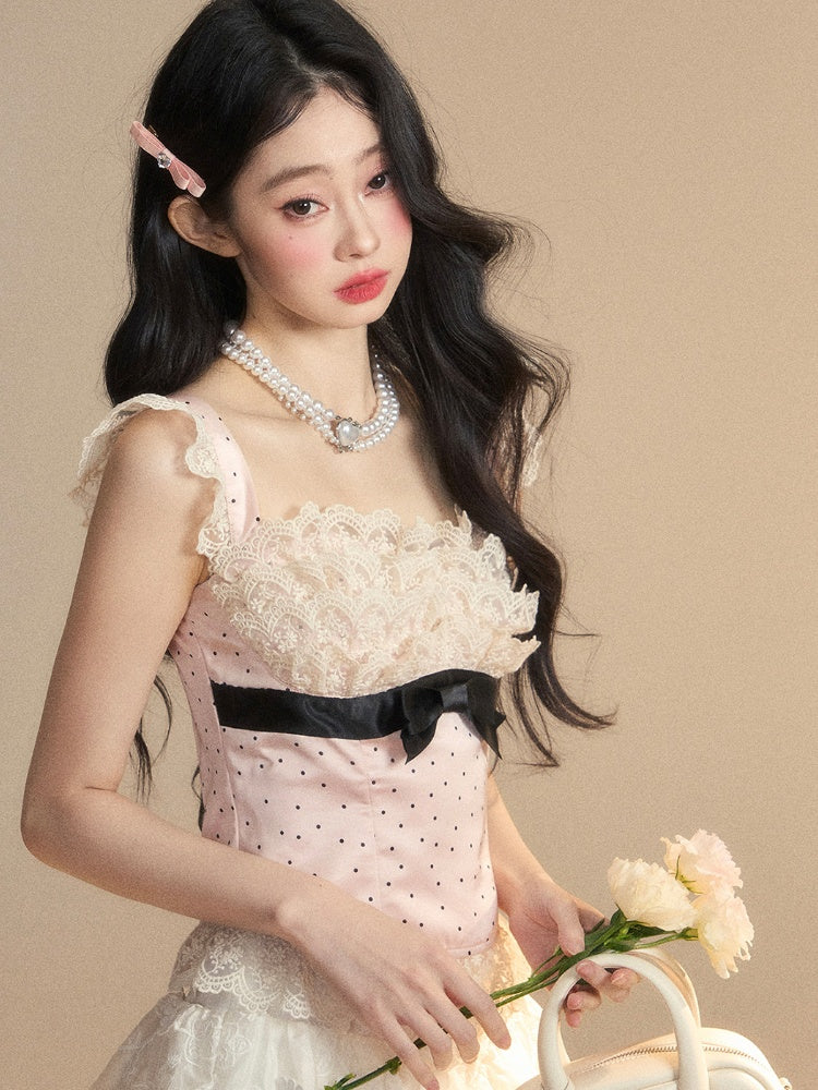 Glamorous Pink Polka-dot Pattern Sleeveless Top Ruffled Lace Trim Detail Bowknot