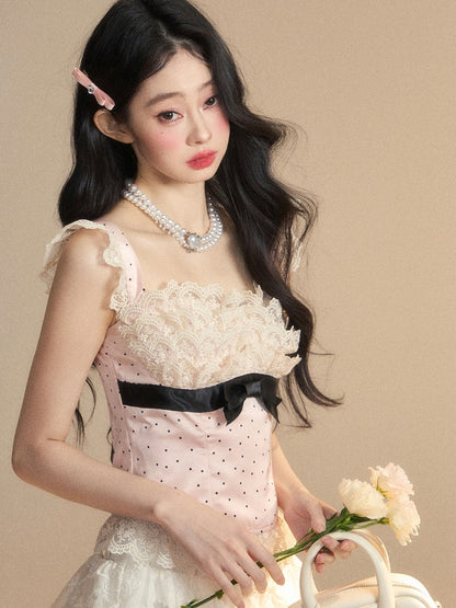Glamorous Pink Polka-dot Pattern Sleeveless Top Ruffled Lace Trim Detail Bowknot