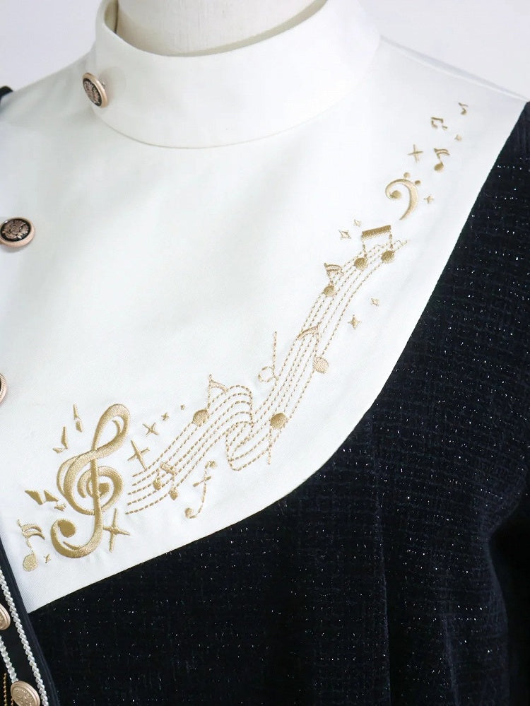 Black Ouji Glittering Waffle Top with Music Notes and Fringe Sash