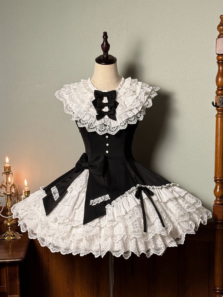 Black Neck Dress White Lolita Ruffle Fit Hem Striped Waist Layered with Sleeveless Fabric Slim and