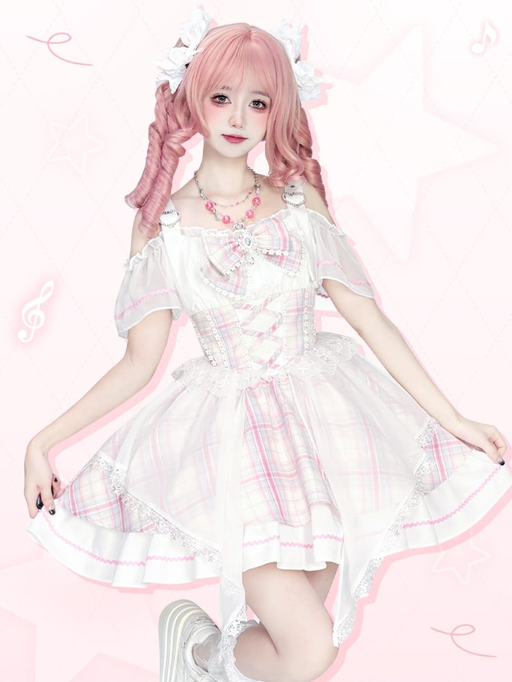 Süßer, schulterfreier Lolita-Pullover mit Idol-Ausschnitt und rosa Karomuster