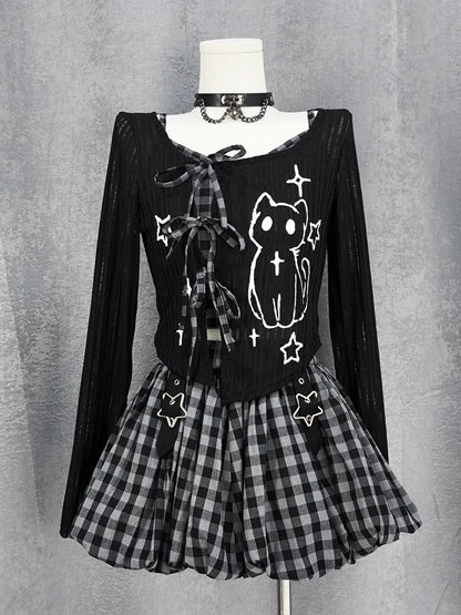 Plaid Bubble Skirt Y2K Gray / Red Star Buckles Black Black
