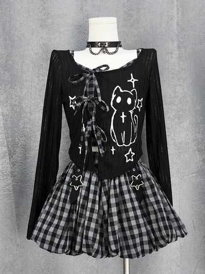Y2K Coverup Set Plaid Cami Top with Kitten Print Black Red/Gray