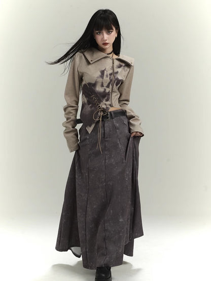 Wasteland Punk Khaki Asymmetrical Hem Cropped Jacket with Lace-up Detail at Front