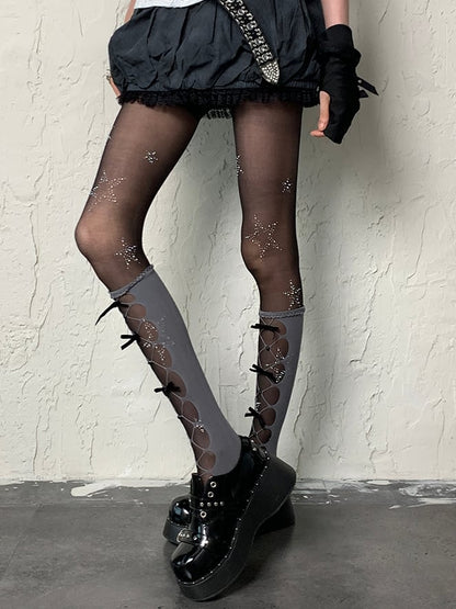 Star Y2K Tights Rhinestone Black Decorated
