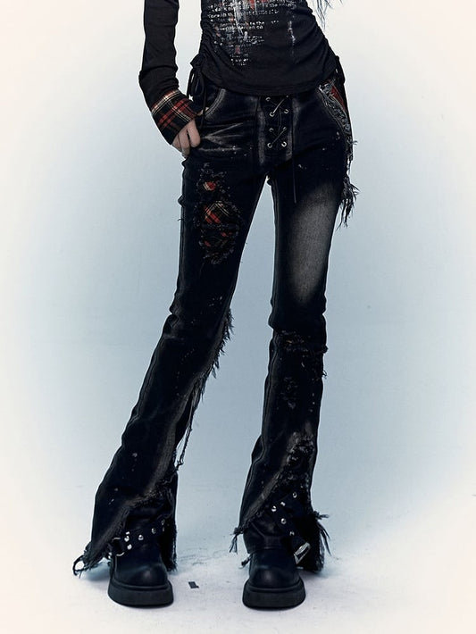 Straight-Leg Flare Black Punk Distressed Holes Jeans with Red Plaid Patchwork
