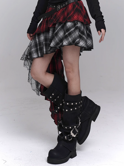 Red  Black Mesh Asymmetrical Plaid Skirt with PU Patchwork