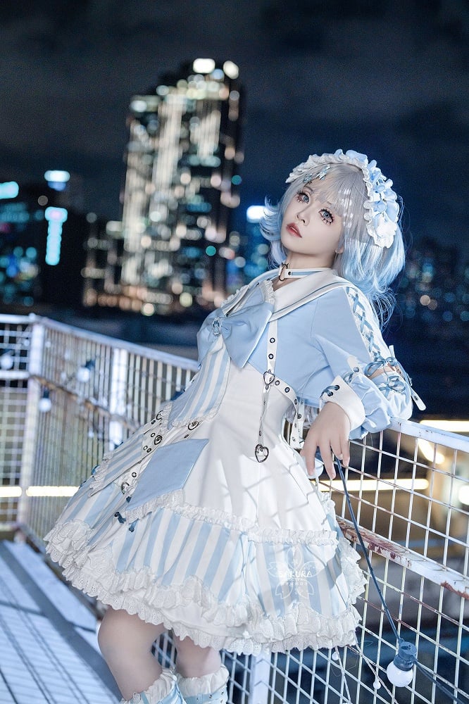 Kitty Light Bow Kaiwai Set Blue JSK Dress Cropped Tenshi Lolita Sailor Striped Big Top Pattern Ears + - Collar