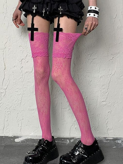 Pattern Floral Rose Pink Y2K Overknee Lace Trim Stockings
