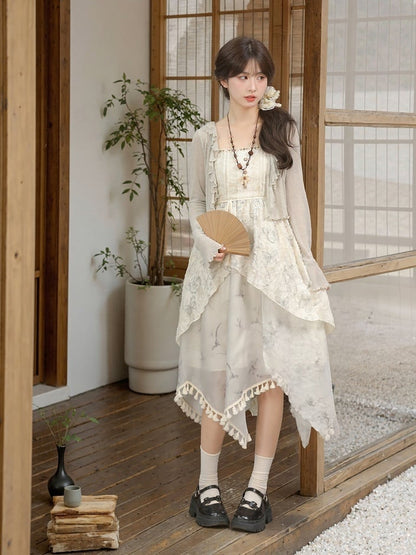 Kei Cheongsam Hem Asymmetrical Tassel Mori Slip Dress Jacquard Style Gray