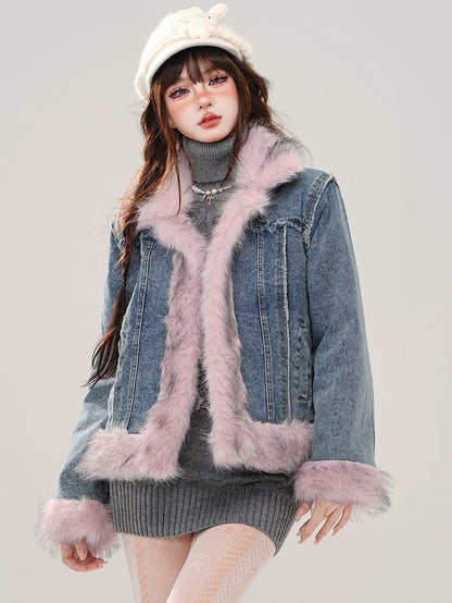 Blue Faux Fur Trim Thick Denim Jacket