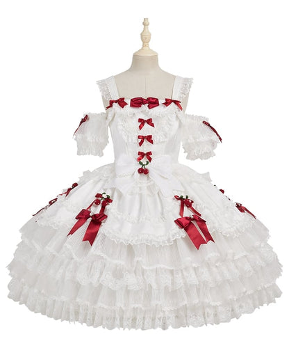 White Strawberry Princess Layered Ruffle Dress Sweet Lolita Jumper Skirt with Detachable Puff Sleeves